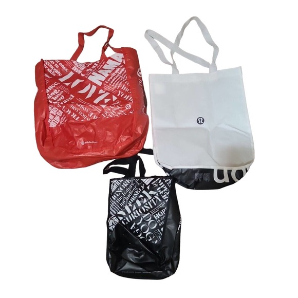 Lot of 3 Lululemon Red Black White Unisex Reusable Shopping Tote Eco Bag - Picture 2 of 6
